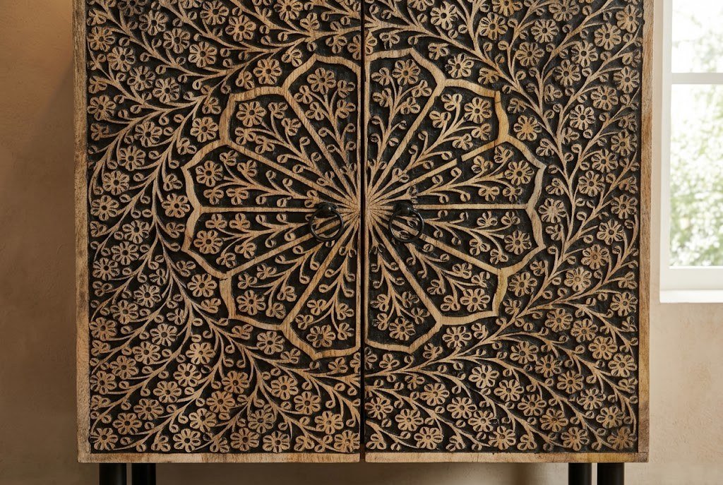 Un mandala sculpté sur deux portes