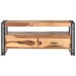 Table basse acacia et acier – Massif, Deux Tiroirs