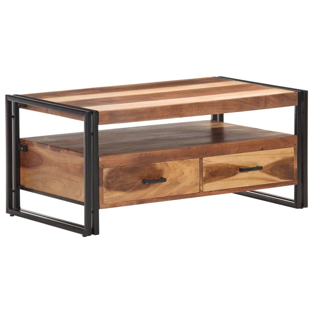 Table basse acacia et acier – Massif, Deux Tiroirs
