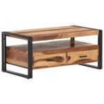 table basse acacia et acier sur fond clair