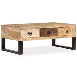 Table basse avec rangement bois massif – 3 tiroirs manguier, 90x50x35 cm