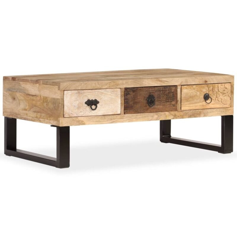Table basse avec rangement bois massif – 3 tiroirs manguier, 90x50x35 cm
