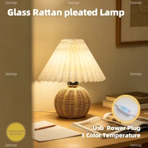 Lampe à Poser Rotin Abat-jour Plissé
