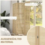 Paravent Rotin Tressé Main 3 Panneaux Bois Naturel